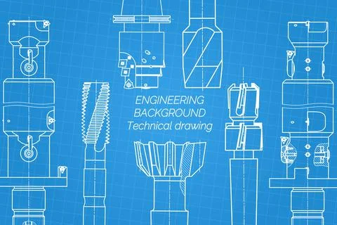 Mechanical engineering drawings on blue background. Tap tools, borer. Technical Stock Illustration