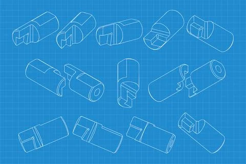 Mechanical engineering drawings on blue background. Cutter, assembly tool with Stock Illustration