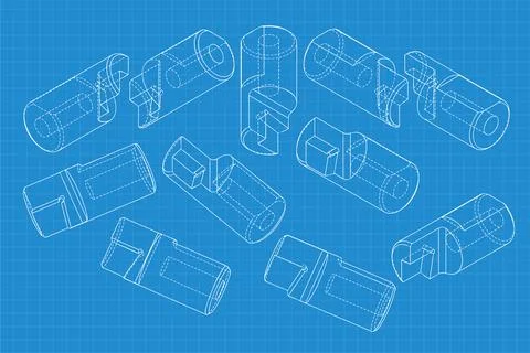 Mechanical engineering drawings on blue background. Cutter, assembly tool with Stock Illustration