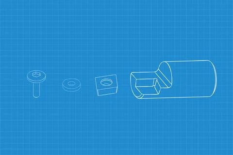 Mechanical engineering drawings on blue background. Cutter, assembly tool with Stock Illustration