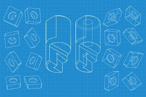Mechanical engineering drawings on blue background. Cutter, assembly tool with Stock Illustration