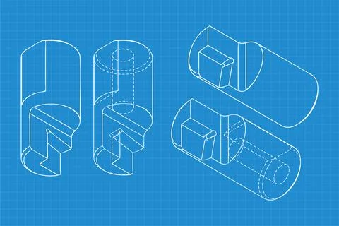 Mechanical engineering drawings on blue background. Cutter, assembly tool with Stock Illustration