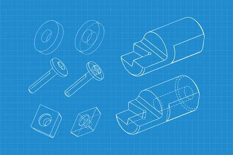Mechanical engineering drawings on blue background. Cutter, assembly tool with Stock Illustration