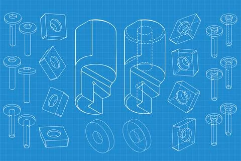 Mechanical engineering drawings on blue background. Cutter, assembly tool with Stock Illustration