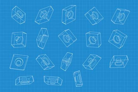 Mechanical engineering drawings on blue background. Cutter, assembly tool with Illustrazione stock