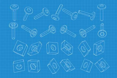 Mechanical engineering drawings on blue background. Cutter, assembly tool with Stock Illustration