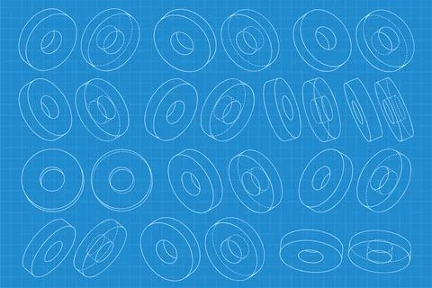 Mechanical engineering drawings on blue background. Cutter, assembly tool with Illustrazione stock