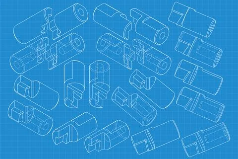Mechanical engineering drawings on blue background. Cutter, assembly tool with Stock Illustration