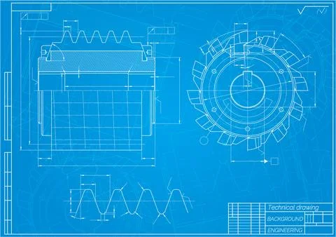 Mechanical engineering drawings on blue background. Cutting tools, milling Stock Illustration