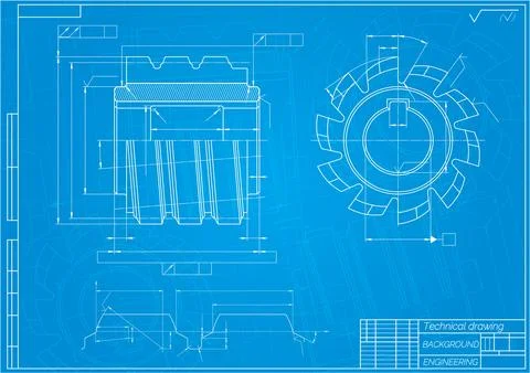 Mechanical engineering drawings on blue background. Cutting tools, milling Illustrazione stock