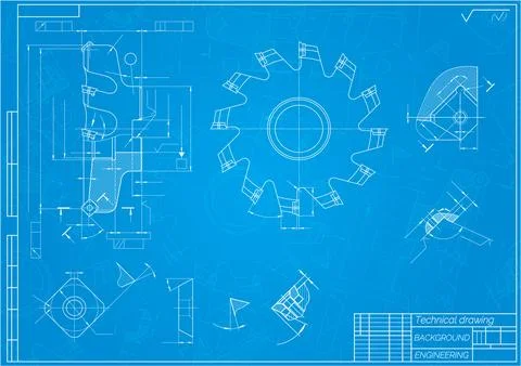 Mechanical engineering drawings on blue background. Cutting tools, milling Illustrazione stock