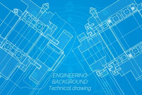 Mechanical engineering drawings on blue background. Milling machine spindle.  Stock Illustration