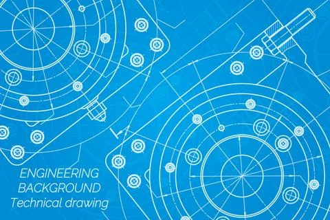 Mechanical engineering drawings on blue background. Milling machine spindle.  Stock Illustration
