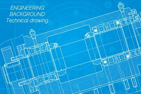 Mechanical engineering drawings on blue background. Milling machine spindle.  Stock Illustration