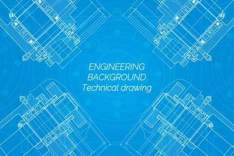 Mechanical engineering drawings on blue background. Milling machine spindle.  Stock Illustration