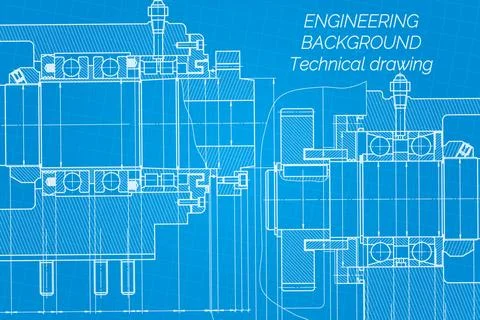 Mechanical engineering drawings on blue background. Milling machine spindle.  Stock Illustration