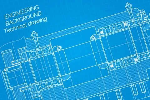 Mechanical engineering drawings on blue background. Milling machine spindle.  Stock Illustration