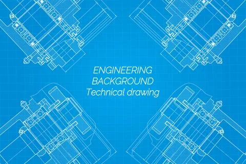 Mechanical engineering drawings on blue background. Milling machine spindle.  Stock Illustration
