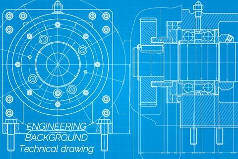 Mechanical engineering drawings on blue background. Milling machine spindle.  Stock Illustration