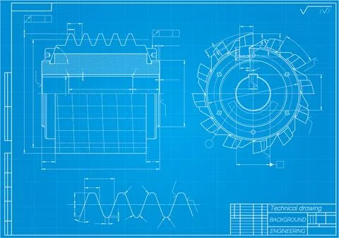 Mechanical engineering drawings on blue background. Cutting tools, milling .. Stock Illustration