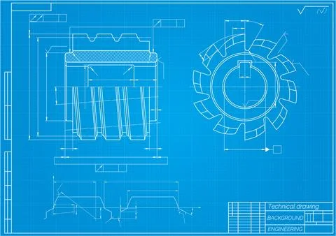 Mechanical engineering drawings on blue background. Cutting tools, milling .. Stock Illustration