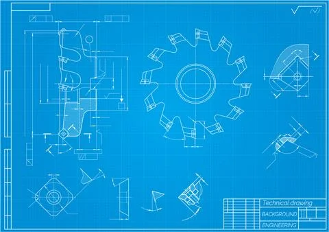 Mechanical engineering drawings on blue background. Cutting tools, milling .. Stock Illustration