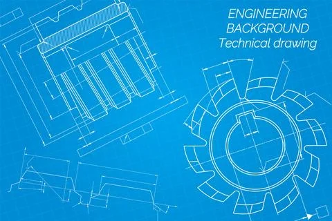 Mechanical engineering drawings on blue background. Cutting tools, milling .. Stock Illustration