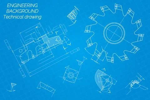 Mechanical engineering drawings on blue background. Cutting tools, milling cu Stock Illustration