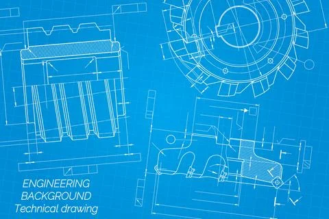 Mechanical engineering drawings on blue background. Cutting tools, milling .. Stock Illustration