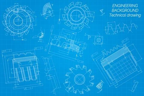 Mechanical engineering drawings on blue background. Cutting tools, milling .. Stock Illustration