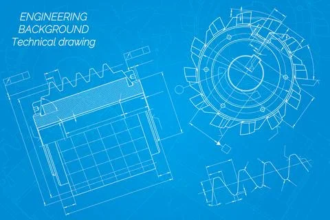 Mechanical engineering drawings on blue background. Cutting tools, milling cu Stock Illustration