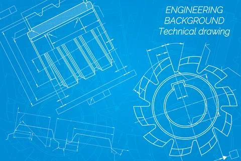Mechanical engineering drawings on blue background. Cutting tools, milling cu Stock Illustration