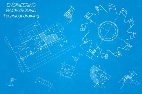 Mechanical engineering drawings on blue background. Cutting tools, milling cu Illustrazione stock