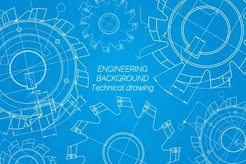 Mechanical engineering drawings on blue background. Cutting tools, milling cu Stock Illustration