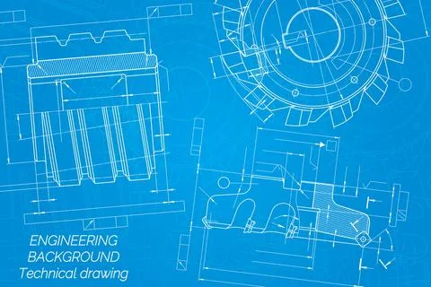 Mechanical engineering drawings on blue background. Cutting tools, milling cu Stock Illustration