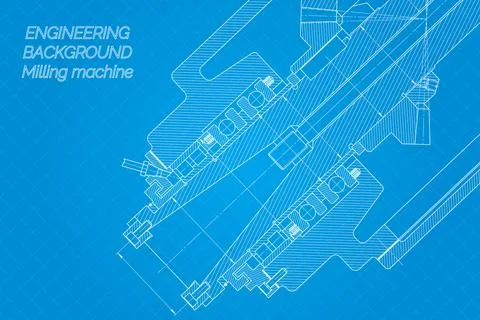 Mechanical engineering drawings on blue background. Milling machine spindle.  Stock Illustration