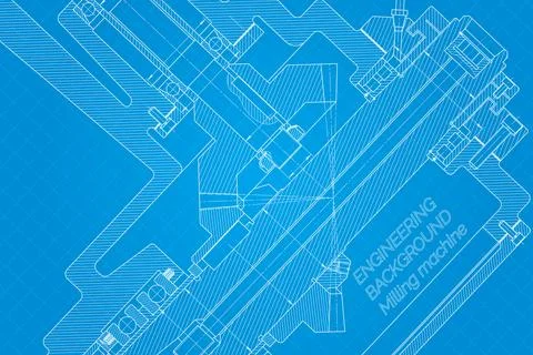 Mechanical engineering drawings on blue background. Milling machine spindle.  Stock Illustration