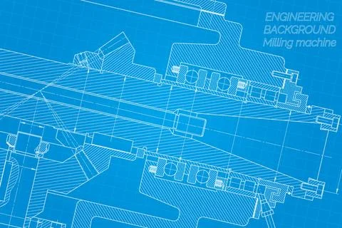 Mechanical engineering drawings on blue background. Milling machine spindle.  Stock Illustration