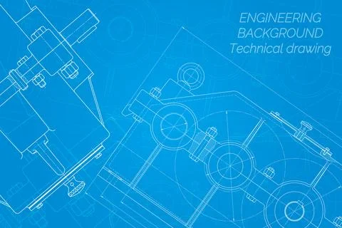 Mechanical engineering drawings on blue background. Reducer. Technical Design Stock Illustration