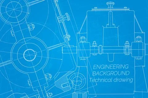 Mechanical engineering drawings on blue background. Reducer. Technical Design Stock Illustration