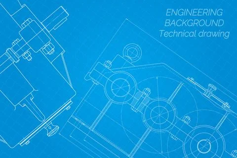 Mechanical engineering drawings on blue background. Reducer. Technical Design Illustrazione stock