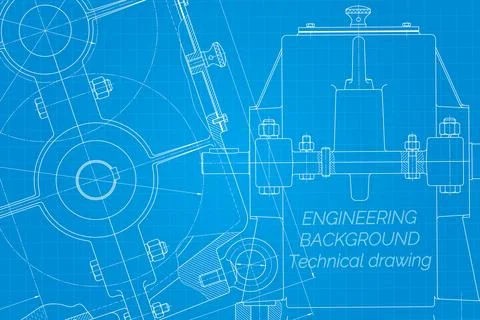 Mechanical engineering drawings on blue background. Reducer. Technical Desi.. Stock Illustration