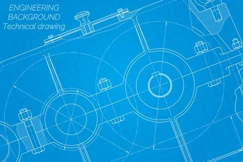 Mechanical engineering drawings on blue background. Reducer. Technical Desi.. Stock Illustration