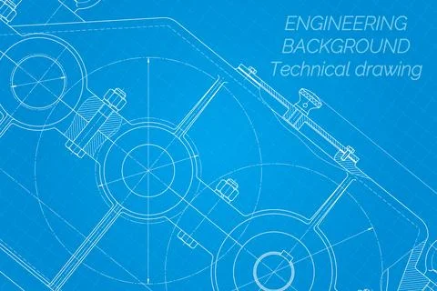 Mechanical engineering drawings on blue background. Reducer. Technical Design Stock Illustration