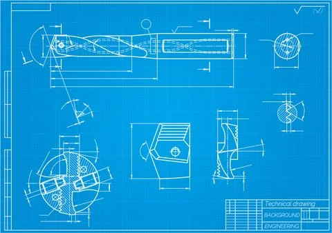 Mechanical engineering drawings on blue background. Drill tools, borer Stock Illustration