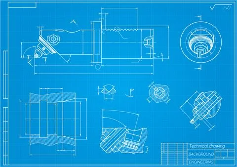 Mechanical engineering drawings on blue background. Boring bar with micrometric Stock Illustration