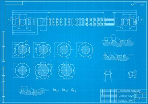 Mechanical engineering drawings on blue background. Broach. Technical Design Illustrazione stock