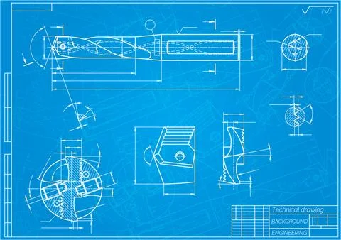 Mechanical engineering drawings on blue background. Drill tools, borer Illustrazione stock