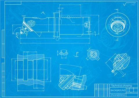 Mechanical engineering drawings on blue background. Boring bar with micrometric Illustrazione stock