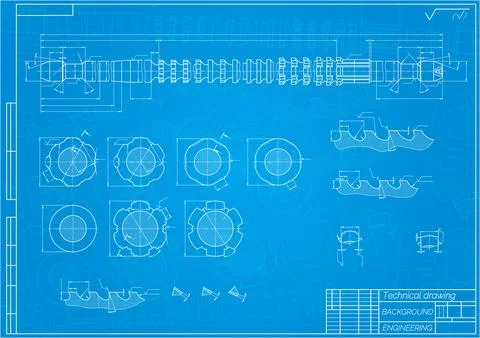 Mechanical engineering drawings on blue background. Broach. Technical Design Stock Illustration